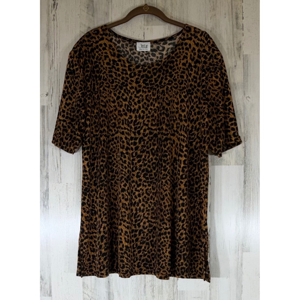 Jostar Tunic Top XL Brown Leopard Print Short Sleeve Slinky Office Mob Wife USA